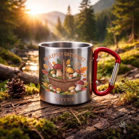 KUBEK METALOWY Z KARABIŃCZYKIEM NAJLEPSZY GRZYBIARZ 300 ML