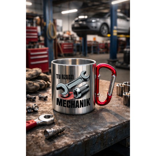METALOWY KUBEK Z KARABIŃCZYKIEM TU RZĄDZI MECHANIK 300 ML