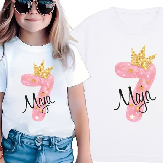 KOSZULKA DZIECIĘCA NA SIÓDME URODZINY DLA DZIEWCZYNKI BIAŁA