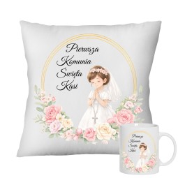 ZESTAW PIERWSZA KOMUNIA ŚWIĘTA PAMIĄTKA KUBEK I PODUSZKA Z IMIENIEM DLA DZIEWCZYNKI