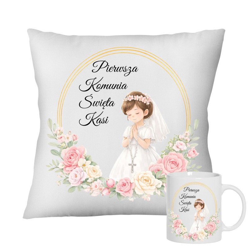ZESTAW PIERWSZA KOMUNIA ŚWIĘTA PAMIĄTKA KUBEK I PODUSZKA Z IMIENIEM DLA DZIEWCZYNKI