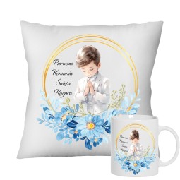 ZESTAW PIERWSZA KOMUNIA ŚWIĘTA PAMIĄTKA KUBEK I PODUSZKA Z IMIENIEM DLA CHŁOPCA