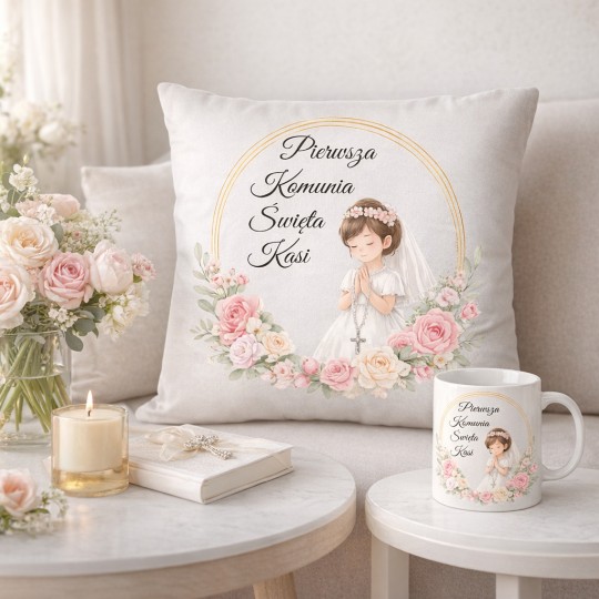 ZESTAW PIERWSZA KOMUNIA ŚWIĘTA PAMIĄTKA KUBEK I PODUSZKA Z IMIENIEM DLA DZIEWCZYNKI