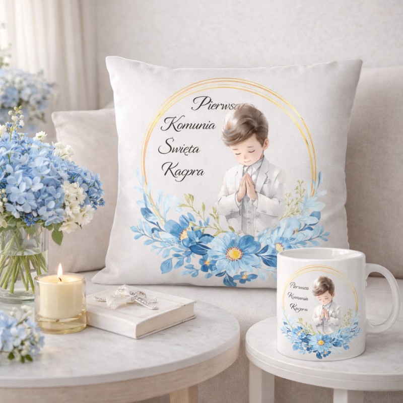 ZESTAW PIERWSZA KOMUNIA ŚWIĘTA PAMIĄTKA KUBEK I PODUSZKA Z IMIENIEM DLA CHŁOPCA