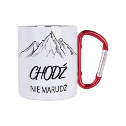 KUBEK METALOWY BIAŁY Z KARABIŃCZYKIEM CHODŹ NIE MARUDŹ 300 ML