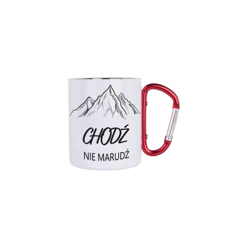 KUBEK METALOWY BIAŁY Z KARABIŃCZYKIEM CHODŹ NIE MARUDŹ 300 ML