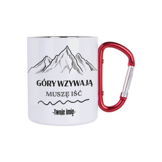 KUBEK METALOWY BIAŁY Z KARABIŃCZYKIEM GÓRY WZYWAJĄ 300 ML