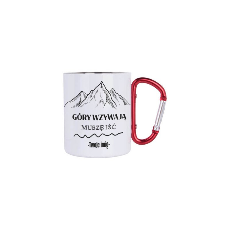 KUBEK METALOWY BIAŁY Z KARABIŃCZYKIEM GÓRY WZYWAJĄ 300 ML