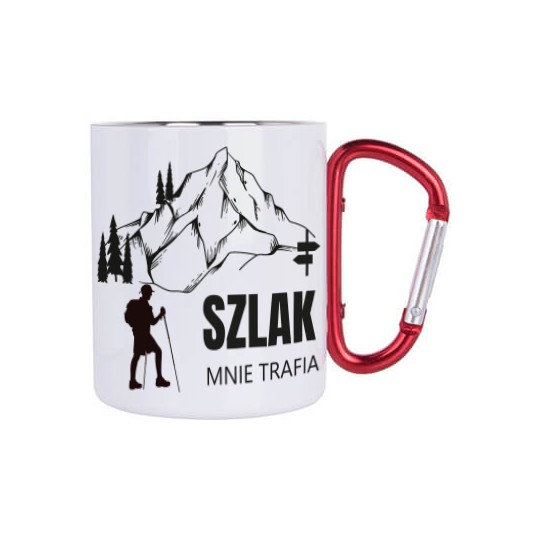 KUBEK METALOWY BIAŁY Z KARABIŃCZYKIEM SZLAK MNIE TRAFIA 300 ML