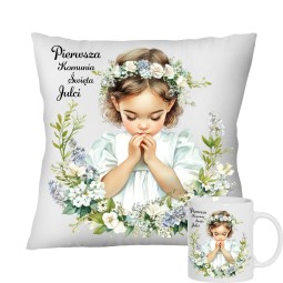 ZESTAW PIERWSZA KOMUNIA ŚWIĘTA PAMIĄTKA KUBEK I PODUSZKA Z IMIENIEM DLA DZIEWCZYNKI