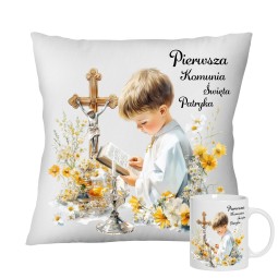 ZESTAW PIERWSZA KOMUNIA ŚWIĘTA PAMIĄTKA KUBEK I PODUSZKA Z IMIENIEM DLA CHŁOPCA