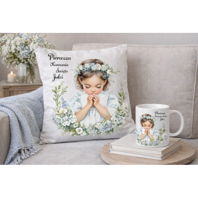 ZESTAW PIERWSZA KOMUNIA ŚWIĘTA PAMIĄTKA KUBEK I PODUSZKA Z IMIENIEM DLA DZIEWCZYNKI