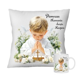 ZESTAW PIERWSZA KOMUNIA ŚWIĘTA PAMIĄTKA KUBEK I PODUSZKA Z IMIENIEM DLA CHŁOPCA