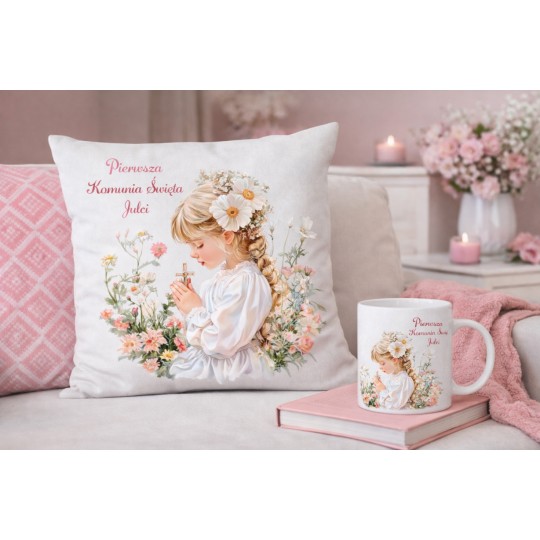 ZESTAW PIERWSZA KOMUNIA ŚWIĘTA PAMIĄTKA KUBEK I PODUSZKA Z IMIENIEM DLA DZIEWCZYNKI
