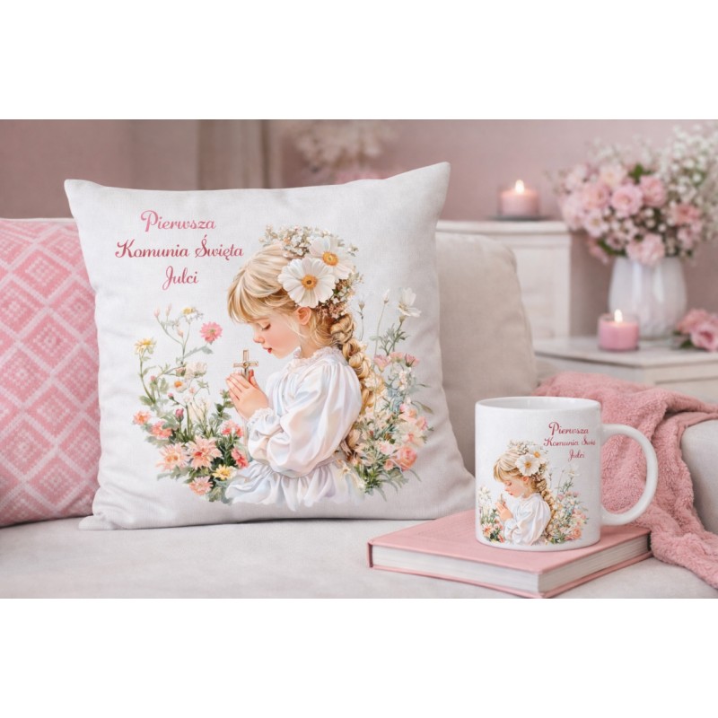 ZESTAW PIERWSZA KOMUNIA ŚWIĘTA PAMIĄTKA KUBEK I PODUSZKA Z IMIENIEM DLA DZIEWCZYNKI