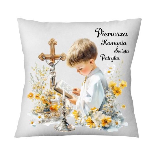 ZESTAW PIERWSZA KOMUNIA ŚWIĘTA PAMIĄTKA KUBEK I PODUSZKA Z IMIENIEM DLA CHŁOPCA
