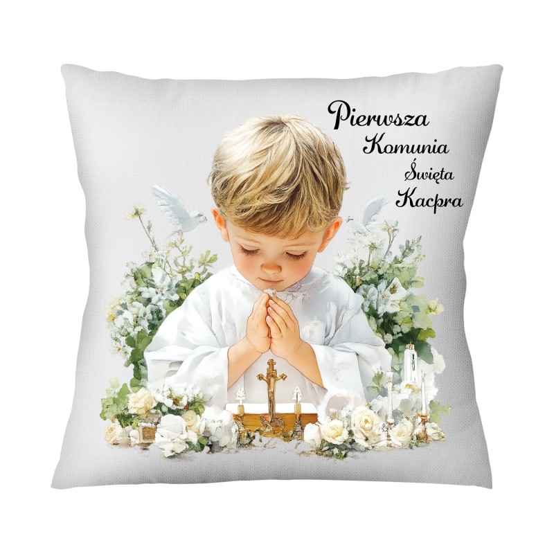 ZESTAW PIERWSZA KOMUNIA ŚWIĘTA PAMIĄTKA KUBEK I PODUSZKA Z IMIENIEM DLA CHŁOPCA