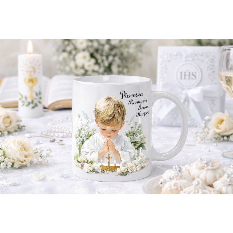 KUBEK CERAMICZNY BIAŁY 330 ML PIERWSZA KOMUNIA CHŁOPIEC 2