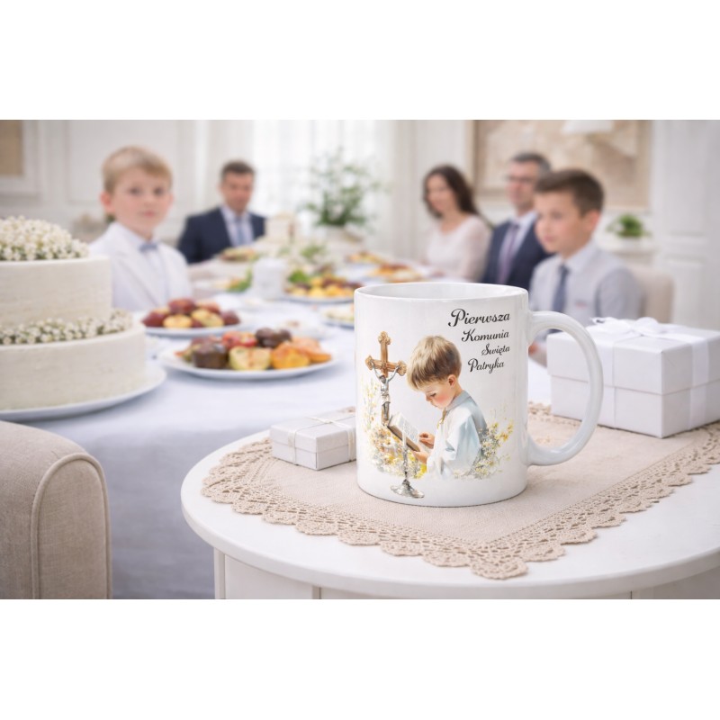 KUBEK CERAMICZNY BIAŁY 330 ML PIERWSZA KOMUNIA CHŁOPIEC 1