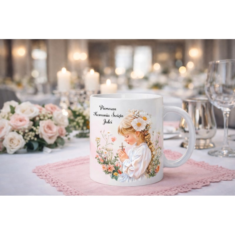 KUBEK CERAMICZNY BIAŁY 330 ML PIERWSZA KOMUNIA DZIEWCZYNKA 1