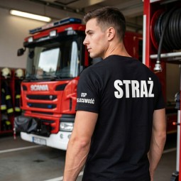 KOSZULKA TSHIRT STRAŻACKA OSP STRAŻ POŻARNA NADRUK PRZÓD TYŁ FLAGA NAZWA