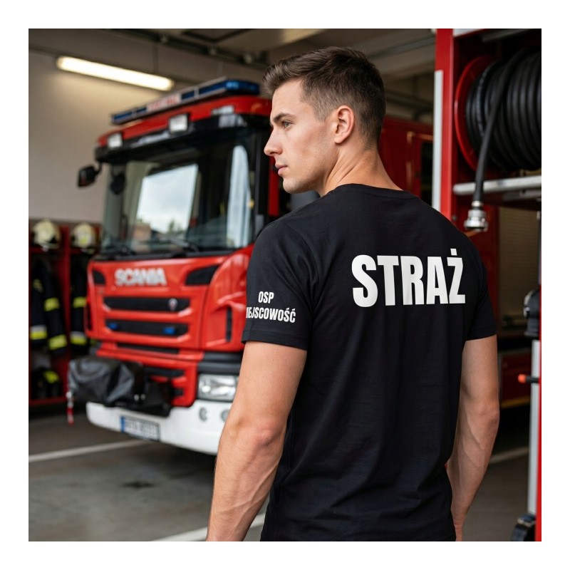 KOSZULKA TSHIRT STRAŻACKA OSP STRAŻ POŻARNA NADRUK PRZÓD TYŁ FLAGA NAZWA