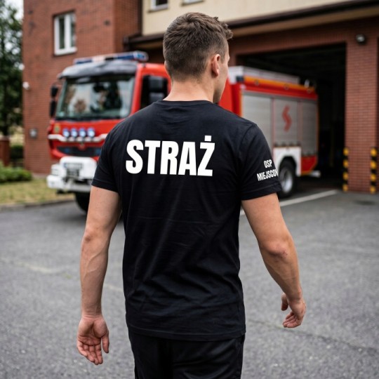 KOSZULKA TSHIRT STRAŻACKA OSP STRAŻ POŻARNA NADRUK PRZÓD TYŁ FLAGA NAZWA