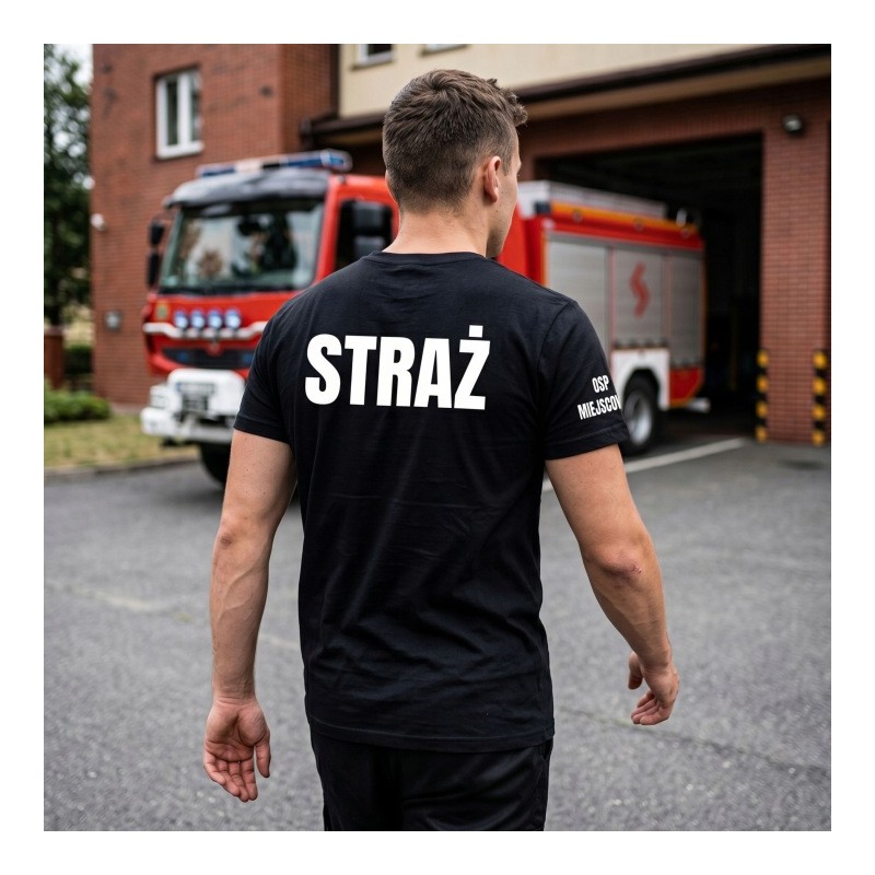KOSZULKA TSHIRT STRAŻACKA OSP STRAŻ POŻARNA NADRUK PRZÓD TYŁ FLAGA NAZWA