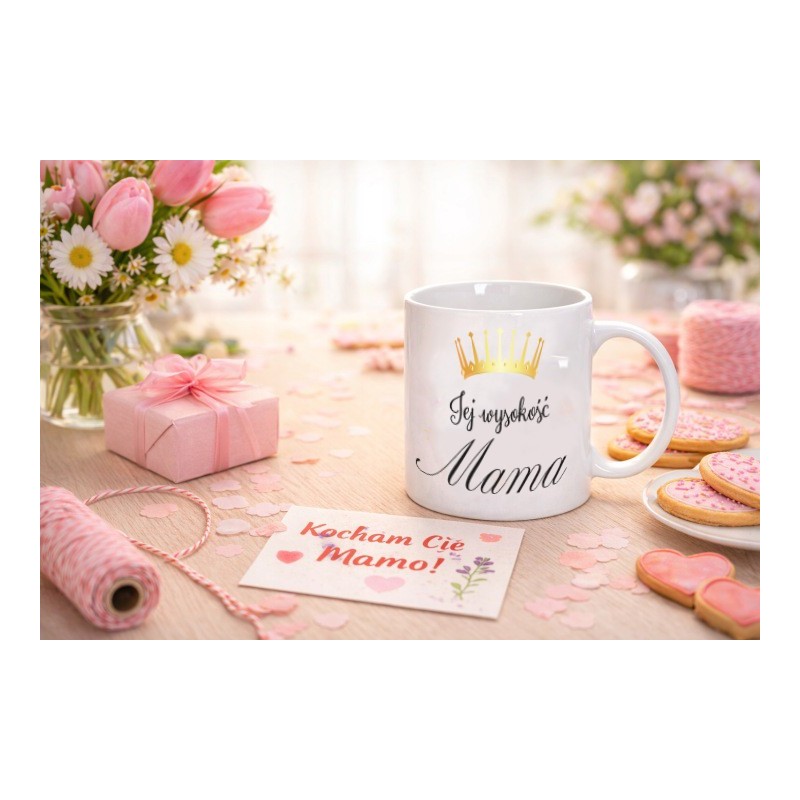 KUBEK BIAŁY CERAMICZNY JEJ WYSOKOŚĆ MAMA DZIEŃ MAMY NA PREZENT 330ml