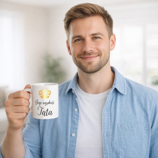 KUBEK BIAŁY CERAMICZNY JEGO WYSOKOŚĆ TATA DZIEŃ TATY OJCA NA PREZENT 330ml