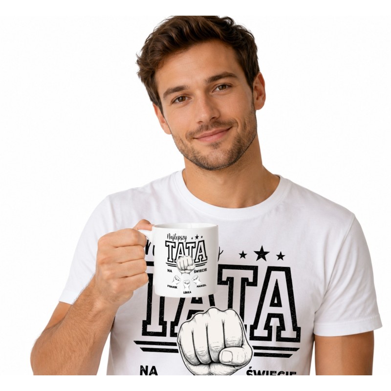PREZENT NA DZIEŃ TATY  ZESTAW KOSZULKA KUBEK Z IMIENIEM PERSONALIZACJA 330ml