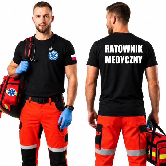 KOSZULKA RATOWNIK MEDYCZNY CZARNA FLAGA POLSKI BAWEŁNA NADRUK PRZÓD I TYŁ