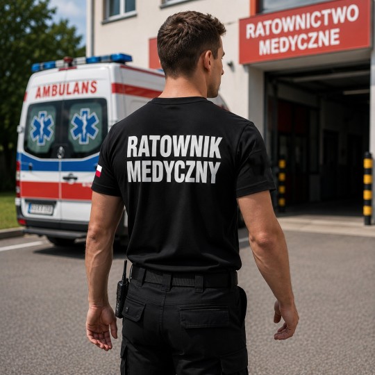 KOSZULKA RATOWNIK MEDYCZNY CZARNA FLAGA POLSKI BAWEŁNA NADRUK PRZÓD I TYŁ