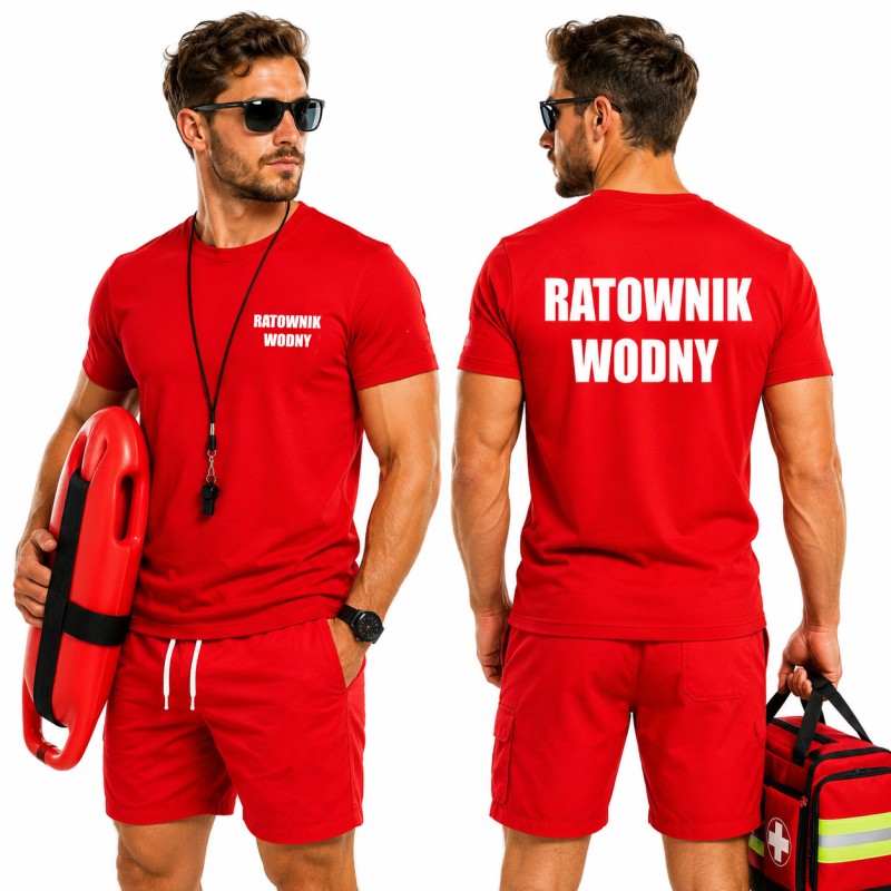 KOSZULKA RATOWNIK WODNY CZERWONA BAWEŁNA NADRUK PRZÓD I TYŁ