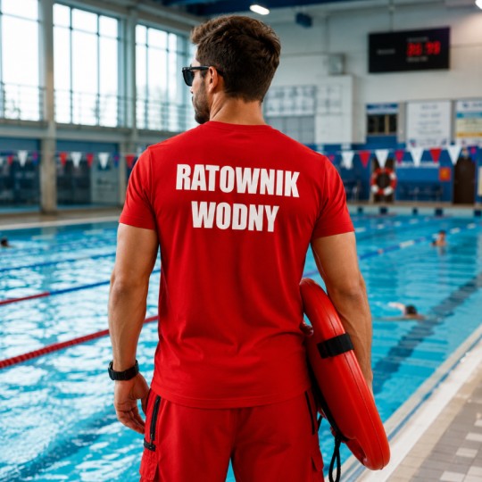 KOSZULKA RATOWNIK WODNY CZERWONA BAWEŁNA NADRUK PRZÓD I TYŁ