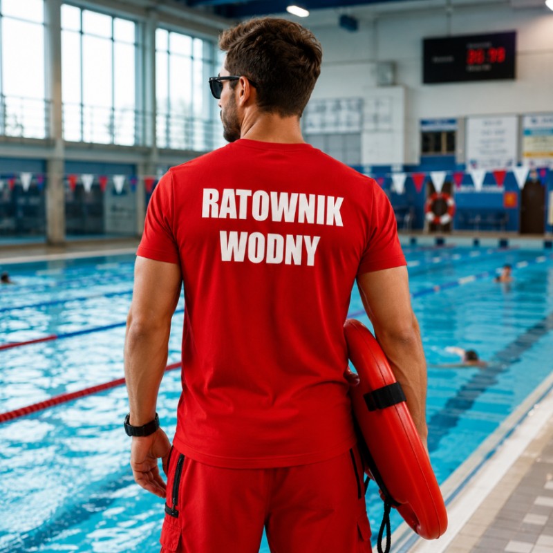 KOSZULKA RATOWNIK WODNY CZERWONA BAWEŁNA NADRUK PRZÓD I TYŁ