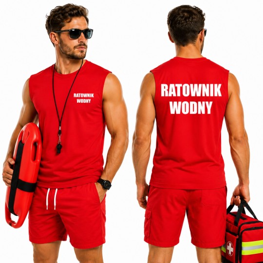 KOSZULKA BEZ RĘKAWÓW RATOWNIK WODNY CZERWONA BAWEŁNA NADRUK PRZÓD I TYŁ