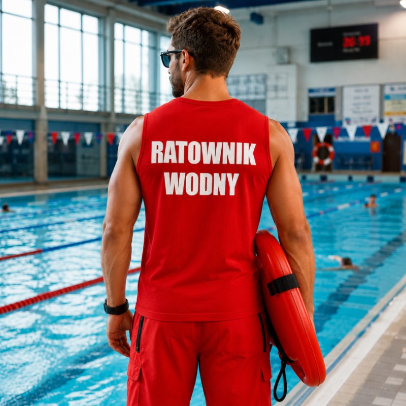 KOSZULKA BEZ RĘKAWÓW RATOWNIK WODNY CZERWONA BAWEŁNA NADRUK PRZÓD I TYŁ