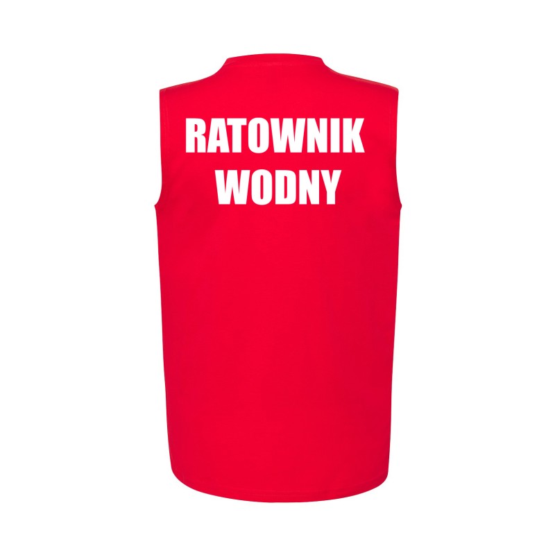 KOSZULKA BEZ RĘKAWÓW RATOWNIK WODNY CZERWONA BAWEŁNA NADRUK PRZÓD I TYŁ