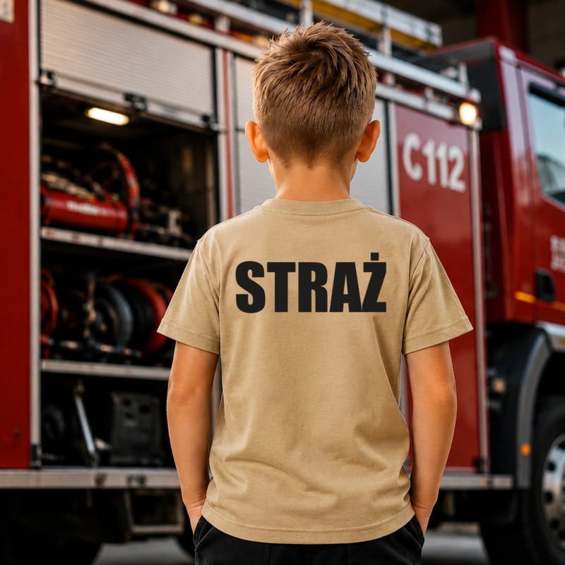 KOSZULKA TSHIRT STRAŻACKA DLA DZIECKA STRAŻ POŻARNA NADRUK PRZÓD TYŁ FLAGA