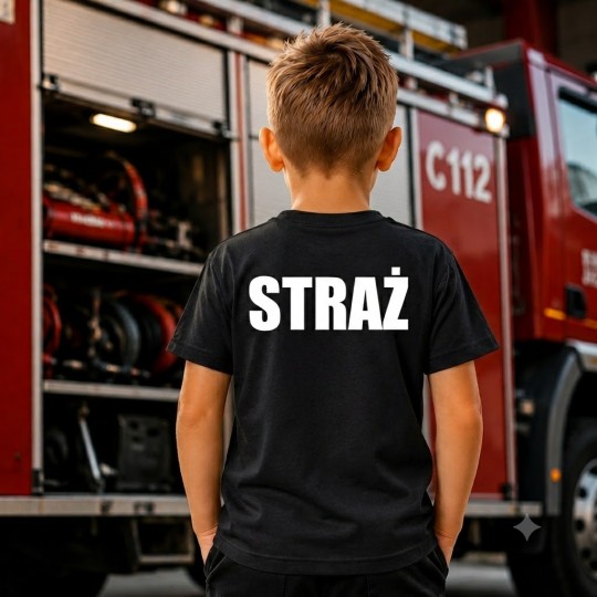 KOSZULKA CZARNA STRAŻACKA DLA DZIECKA STRAŻ POŻARNA NADRUK PRZÓD TYŁ FLAGA