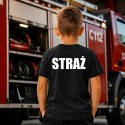 KOSZULKA CZARNA STRAŻACKA DLA DZIECKA STRAŻ POŻARNA NADRUK PRZÓD TYŁ FLAGA