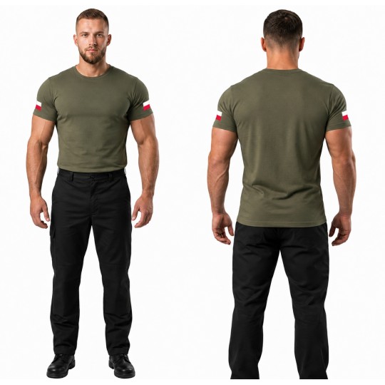 KOSZULKA WOJSKOWA KHAKI Z FLAGAMI POLSKI MILITARNA BAWEŁNIANA