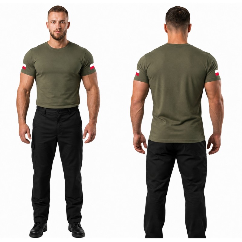 KOSZULKA WOJSKOWA KHAKI Z FLAGAMI POLSKI MILITARNA BAWEŁNIANA