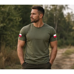 KOSZULKA WOJSKOWA KHAKI Z FLAGAMI POLSKI MILITARNA BAWEŁNIANA