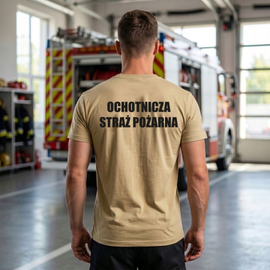 KOSZULKA STRAŻ OCHOTNICZA STRAŻ POŻARNA NADRUK PRZÓD I TYŁ JASNY BEŻ