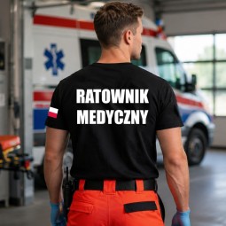 KOSZULKA RATOWNIK MEDYCZNY CZARNA FLAGA POLSKI BAWEŁNA NADRUK PRZÓD I TYŁ