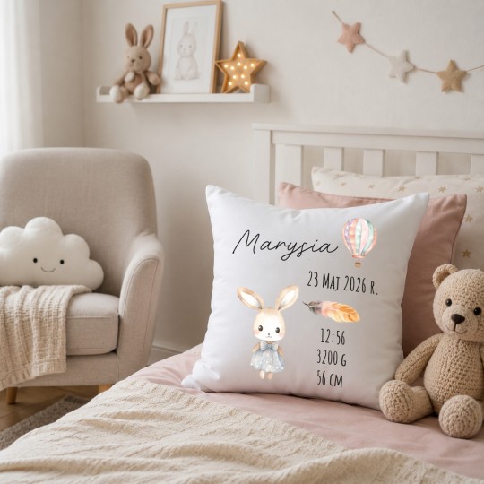 PODUSZKA Z METRYCZKĄ DZIECKA 40×40 CM PAMIĄTKA Z PERSONALIZACJĄ NA PREZENT