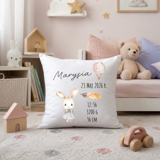 PODUSZKA Z METRYCZKĄ DZIECKA 40×40 CM PAMIĄTKA Z PERSONALIZACJĄ NA PREZENT