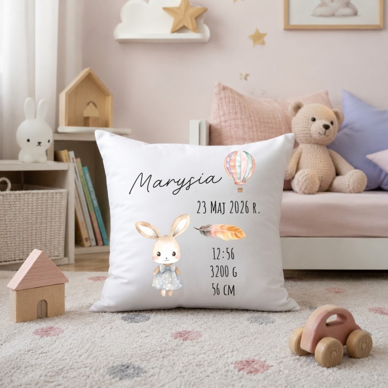PODUSZKA Z METRYCZKĄ DZIECKA 40×40 CM PAMIĄTKA Z PERSONALIZACJĄ NA PREZENT